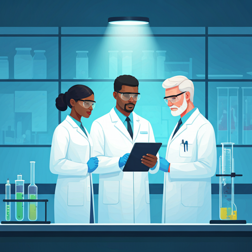 A group of diverse researchers collaborating in a brightly lit lab.